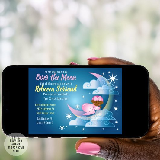 月の向こうで赤ん坊の女の子のシャワーが三日月の上でクラドル 招待状