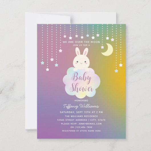月の向こうにベビーシャワーの途中のバニー 招待状 (正面)