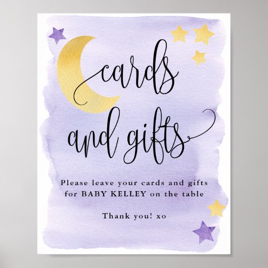 月の向こうに紫の赤ちゃんシャワーカードと贈り物 ポスター (正面)