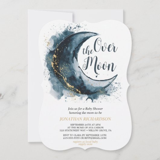 月の向こうに金ゴールド星の青い赤ちゃんシャワー (正面)