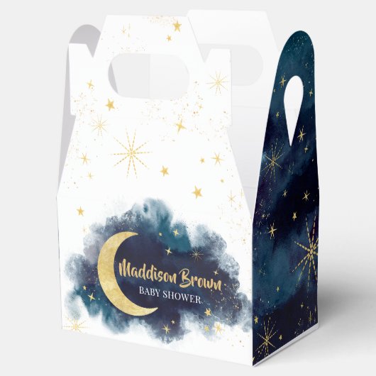 月の向こうに金ゴールド星の青い赤ちゃんシャワー フェイバーボックス (オープン)