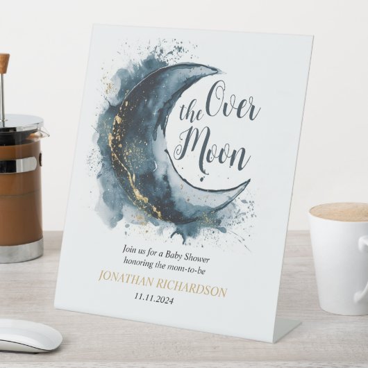 月の向こうに金ゴールド星の青い赤ちゃんシャワー 台座サイン (インサイチュ)