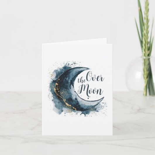 月の向こうに金ゴールド星の青い赤ちゃんシャワー 招待状 (正面)