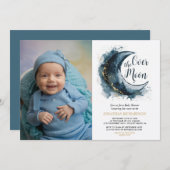 月の向こうに金ゴールド星の青い赤ちゃんシャワー 招待状 (正面/裏面)