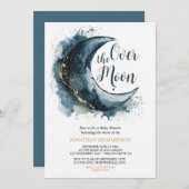 月の向こうに金ゴールド星の青い赤ちゃんシャワー 招待状 (正面/裏面)