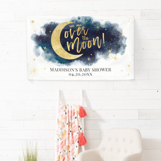 月の向こうに金ゴールド星の青い赤ちゃんシャワー 横断幕 (インサイチュ)