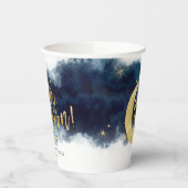 月の向こうに金ゴールド星の青い赤ちゃんシャワー 紙コップ (左)