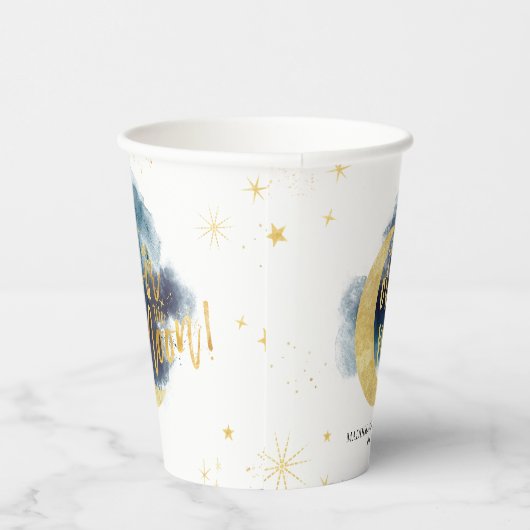 月の向こうに金ゴールド星の青い赤ちゃんシャワー 紙コップ (右)