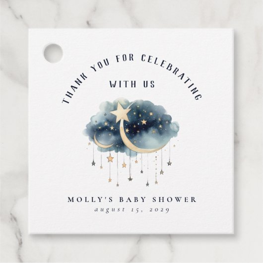 月の向こうに金ゴールド星ベビーシャワー フェイバータグ (正面)
