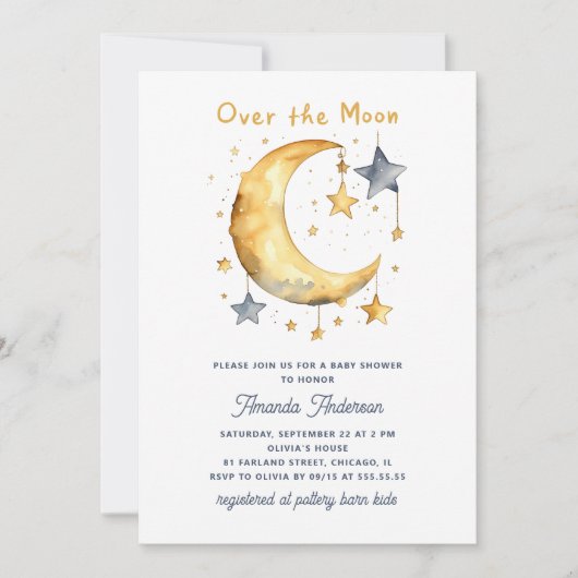 月の向こうに。かわいいお洒落星の赤ちゃん 招待状 (正面)