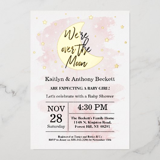 月の向こうに |女の子の赤ちゃんシャワー実在 箔招待状 (正面)