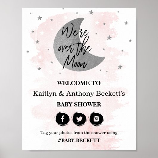 月の向こうに |女の子の赤ちゃんシャワー歓迎サイン ポスター (正面)
