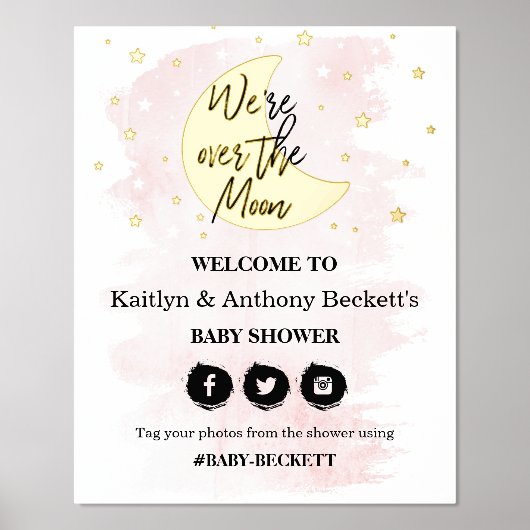 月の向こうに |女の子の赤ちゃんシャワー歓迎サイン 箔ポスター (正面)