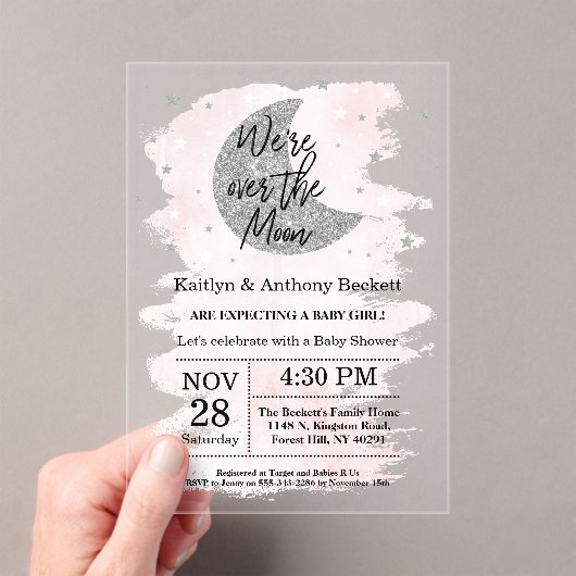 月の向こうに |女の子の赤ちゃんシャワー アクリル招待状 (インサイチュ (ポータブル))