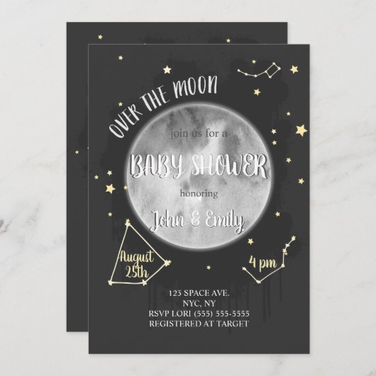 月の向こうに |月と星の赤ちゃんシャワー 招待状 (正面/裏面)