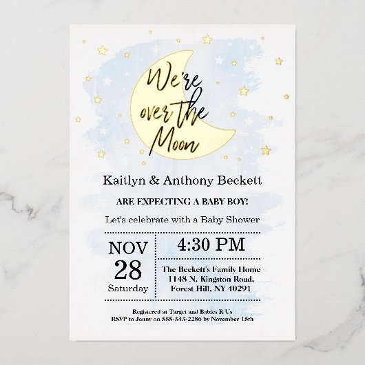 月の向こうに |男の子の赤ちゃんシャワー実在 箔招待状 (正面)