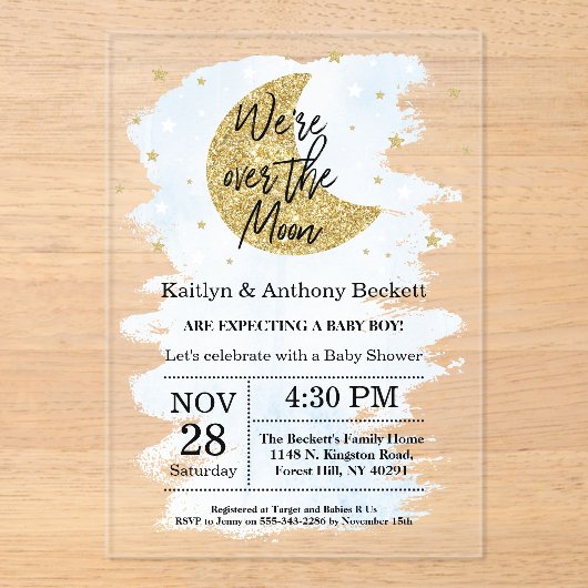 月の向こうに |男の子の赤ちゃんシャワー アクリル招待状 (正面)