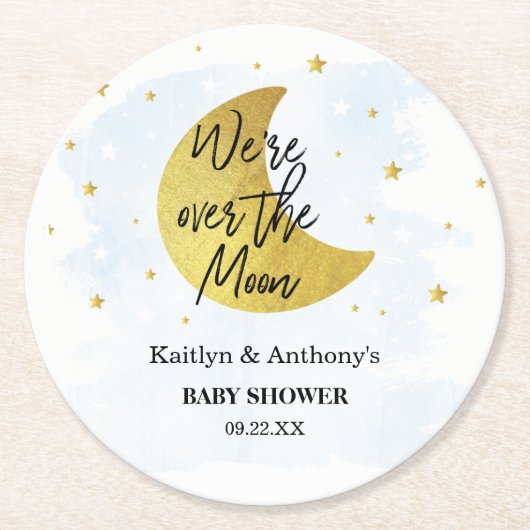 月の向こうに |男の子の赤ちゃんシャワー ラウンドペーパーコースター (正面)