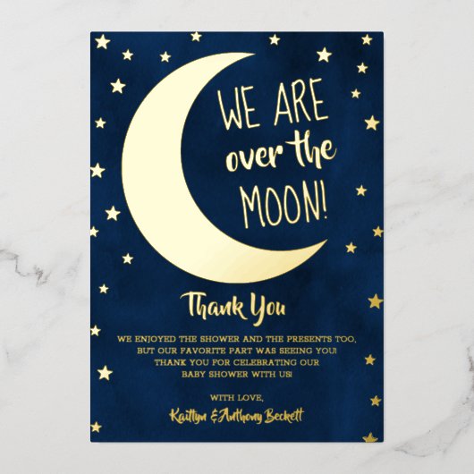 月の向こうに |赤ちゃんシャワーありがとうございま実在す 箔招待状 (正面)