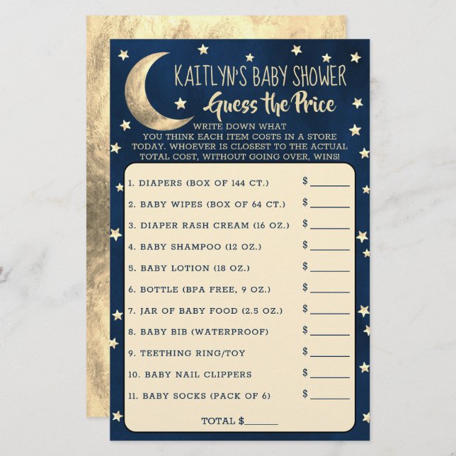 月の向こうに |赤ちゃんシャワー価格ゲームを推測 (正面/裏面)