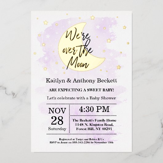 月の向こうに |赤男女兼用ちゃんシャワー実在 箔招待状 (正面)