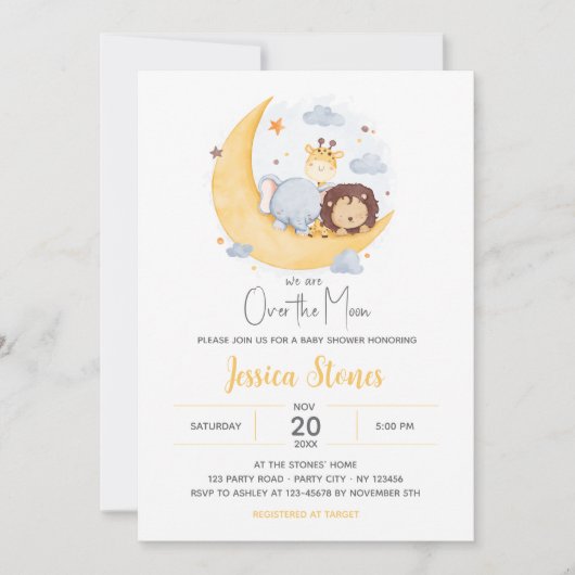 月の向こうのベビーシャワー招待状動物かわいい 招待状 (正面)