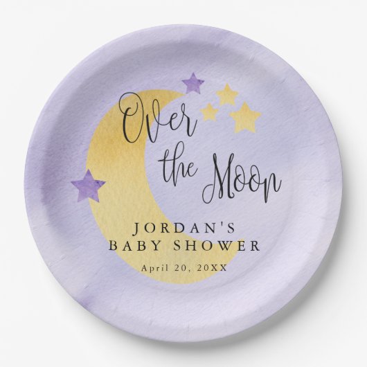 月の向こうの紫の赤パーソナライズされたちゃんシャワー ペーパープレート (正面)