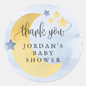 月の向こうの青い赤んパーソナライズされた坊のシャワー ラウンドシール (正面)