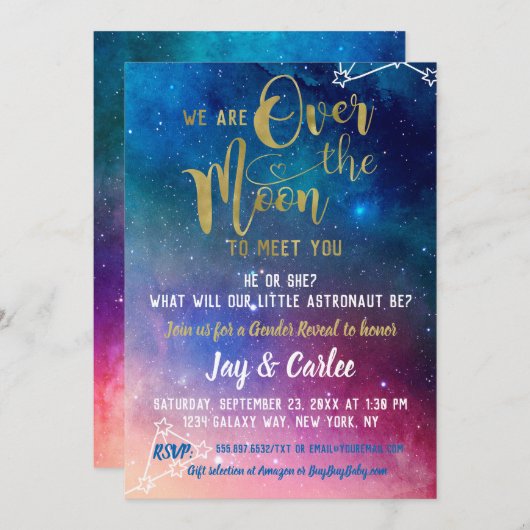 月の向こう銀河系ジェンダーが赤ちゃんのシャワーを明かす 招待状 (正面/裏面)