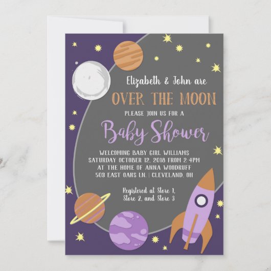 月の外の宇宙を越えて女の子の赤ちゃんシャワー 招待状 (正面)