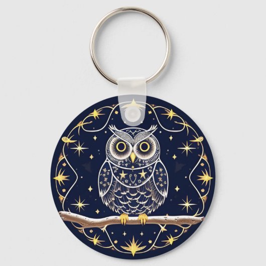 🦉 月の夜のフクロウの細密な野生生物アート キーホルダー (正面)