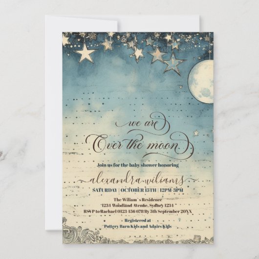 月の夢の男の子の赤ちゃんのシャワーを越えて 招待状 (正面)