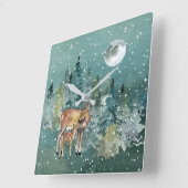 月の大雪の森に棲む鹿と子鹿 スクエア壁時計 (傾斜)