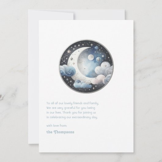 月の天の赤ん坊のシャワーの上で サンキューカード (裏面)