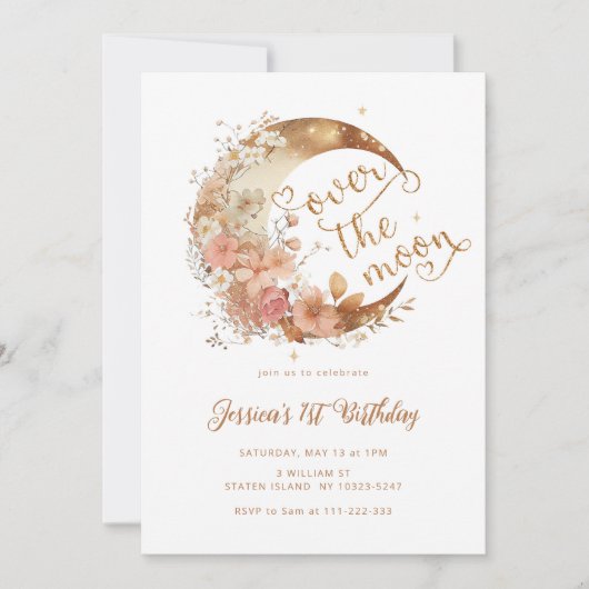 月の女の子の最初の誕生日の上 招待状 (正面)