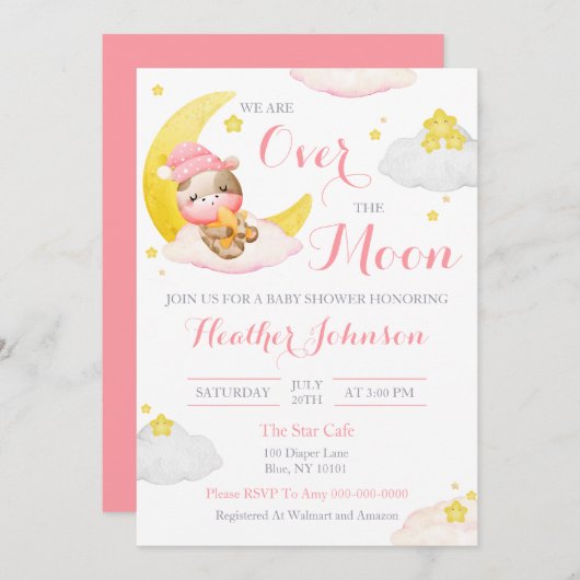 月の女の子の牛の赤ん坊のシャワーの上 招待状 (正面/裏面)