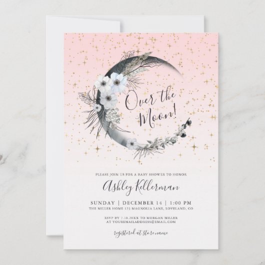 月の女の子ピンクの赤ちゃんシャワーの上 招待状 (正面)
