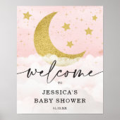 月の女の子ピンクの赤ちゃんシャワー歓迎ポスター ポスター (正面)