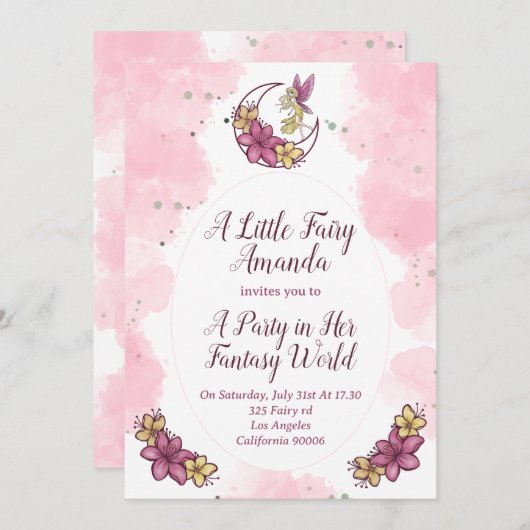 月の妖精のパーティー招待状 - ファンタジーとキュートなデザイン 招待状 (正面/裏面)