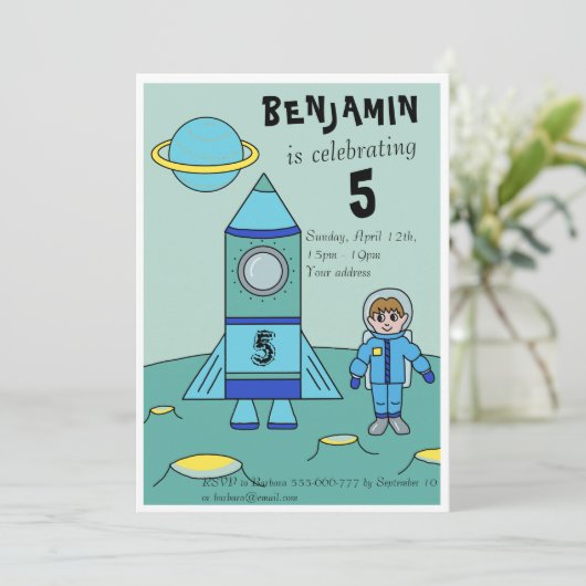 月の宇宙飛行士子供の誕生日パーティー 招待状 (スタンド正面)
