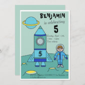 月の宇宙飛行士子供の誕生日パーティー 招待状 (正面/裏面)
