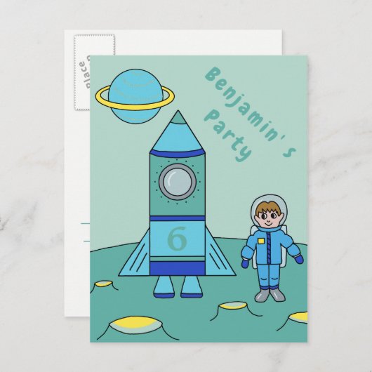 月の宇宙飛行士宇宙誕生日パーティー招待状 インビテーションポストカード (正面/裏面)