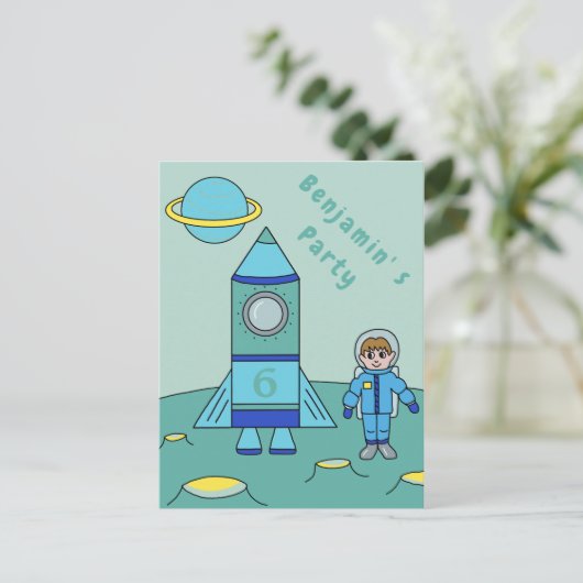 月の宇宙飛行士宇宙誕生日パーティー招待状 インビテーションポストカード (スタンド正面)