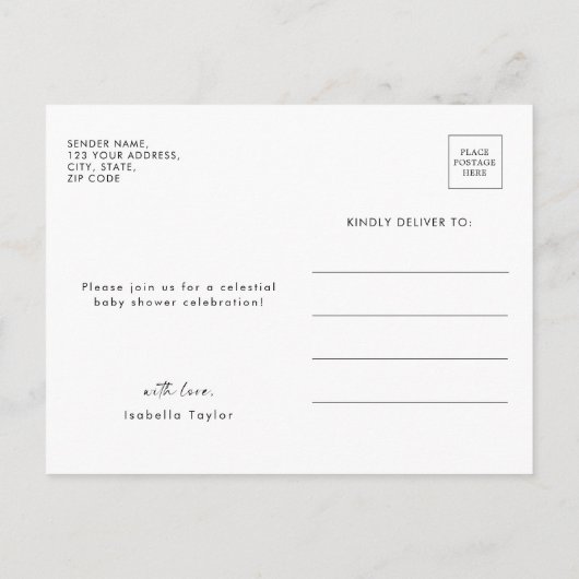 月の少女の赤ちゃんシャワーを浴びるかわいい インビテーションポストカード (裏面)
