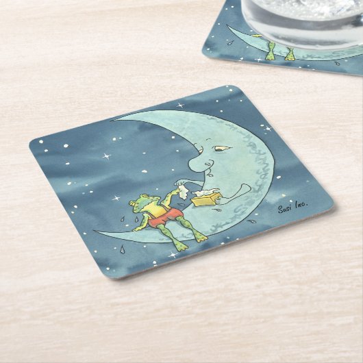 月の悲しいカエル スクエアペーパーコースター (アングル)