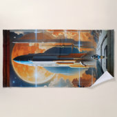 月の打ち上げ – 月への旅のレトロポスター ビーチタオル (正面)