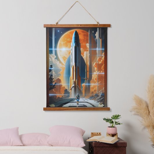 月の打ち上げ – 月への旅のレトロポスター 吊り下げ型タペストリー (寝室)