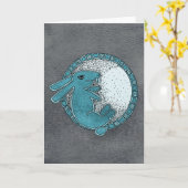 月の挨拶状のウサギ(青い) カード (黄色い花)