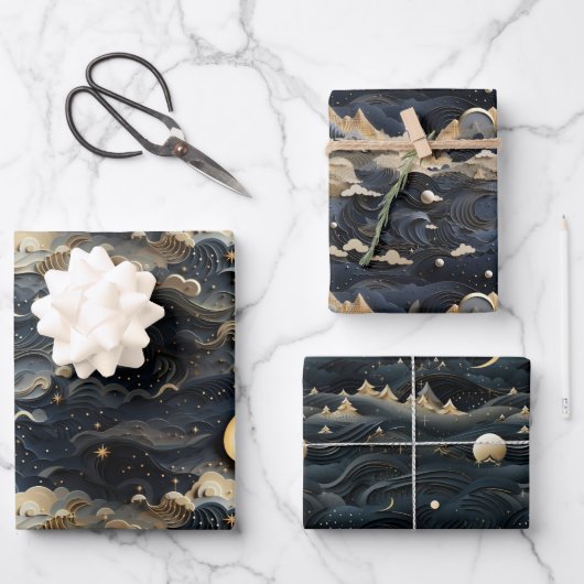 月の旅：天空3D夜空デザイン ラッピングペーパーシート (正面)