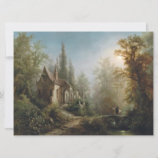 月の明るい夜のカントリー・チャペルと馬のライダー カード (正面)